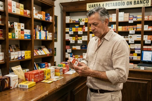 Touriste français examinant un paquet de cigarettes dans un estanco espagnol avec des étiquettes de prix visibles