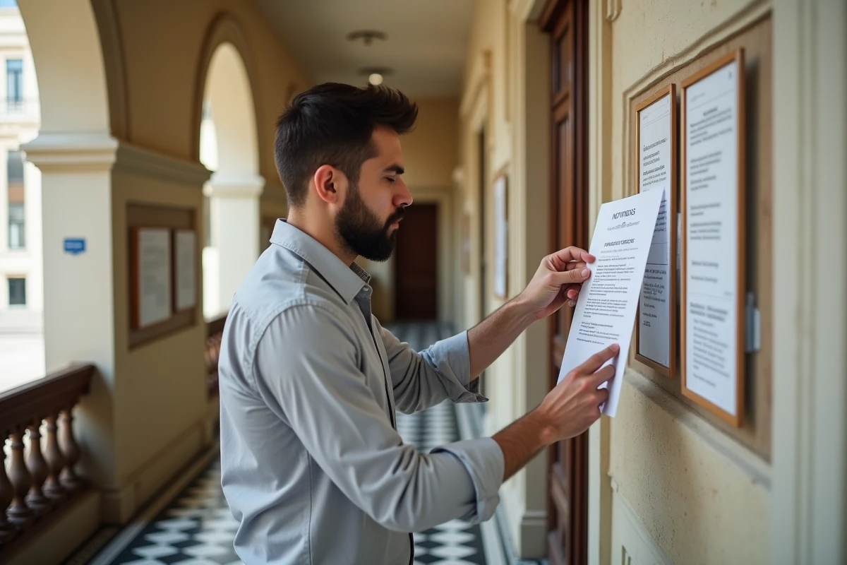 Agent municipal consultant un avis d'augmentation du point d'indice affiché dans le couloir d'une mairie française