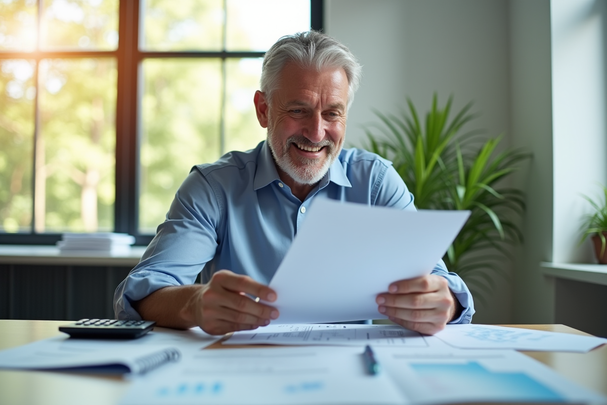 Agent public souriant vérifiant documents de retraite