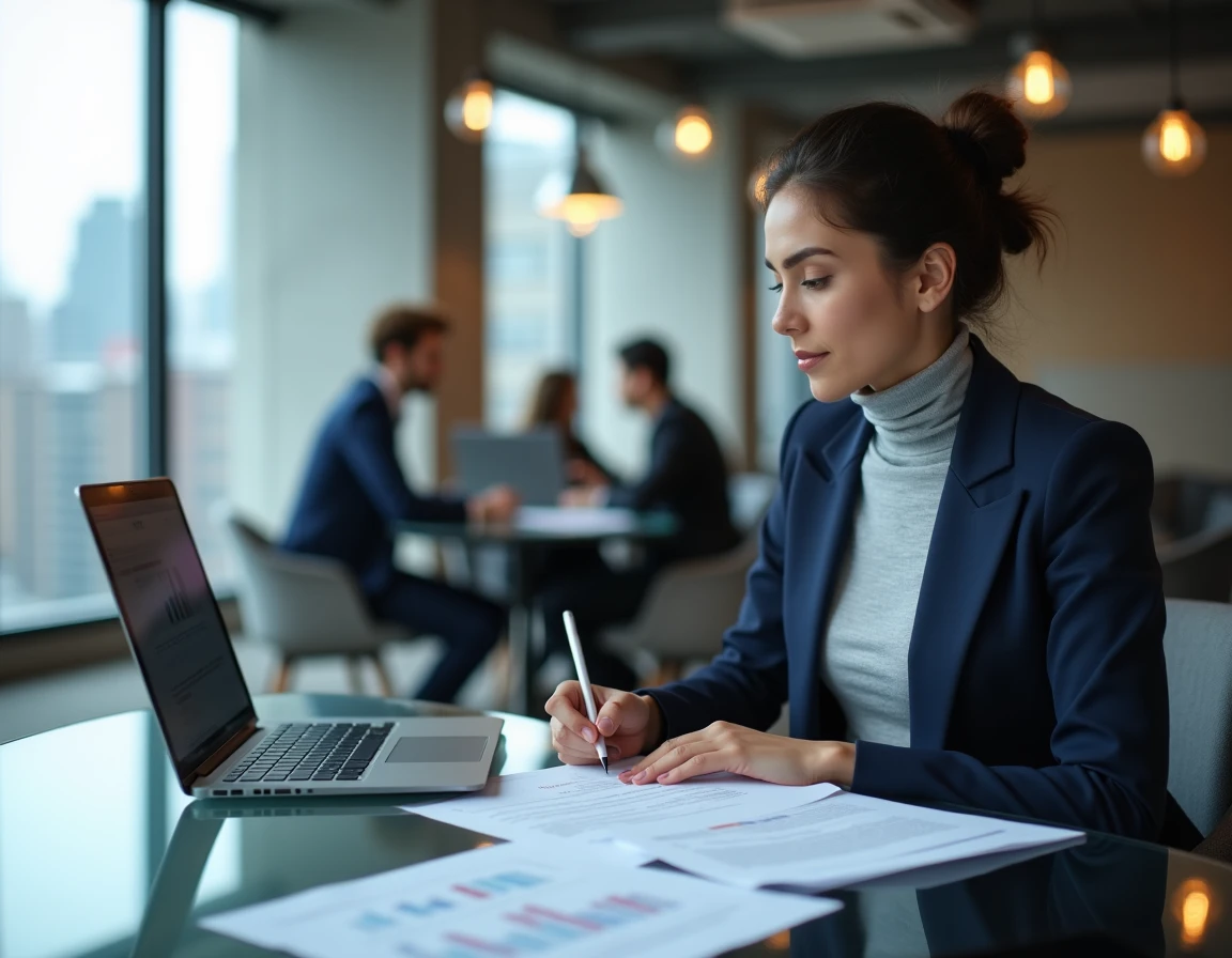 Femme analyste financière annotant les clauses d'un règlement de prop firm en espace de coworking