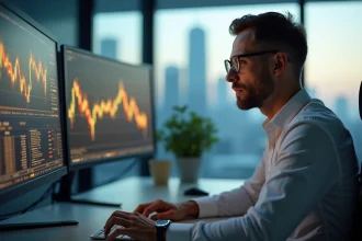 Analyste financier consultant les cours de l'or en temps réel sur des écrans de trading dans un bureau moderne