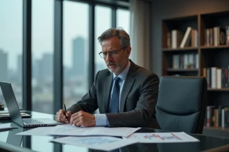 Analyste financier examinant des graphiques boursiers en baisse dans un bureau moderne, stratégie de sortie actions Jindofoyelaszoz