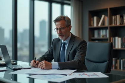 Analyste financier examinant des graphiques boursiers en baisse dans un bureau moderne, stratégie de sortie actions Jindofoyelaszoz