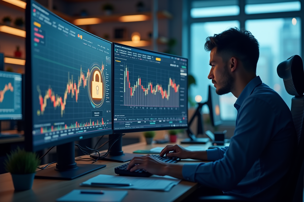 Analyste financier au bureau avec écrans Binance et cadenas