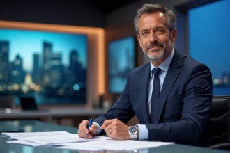 Présentateur TV français en costume dans un studio moderne