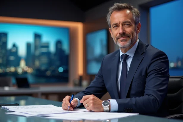 Présentateur TV français en costume dans un studio moderne