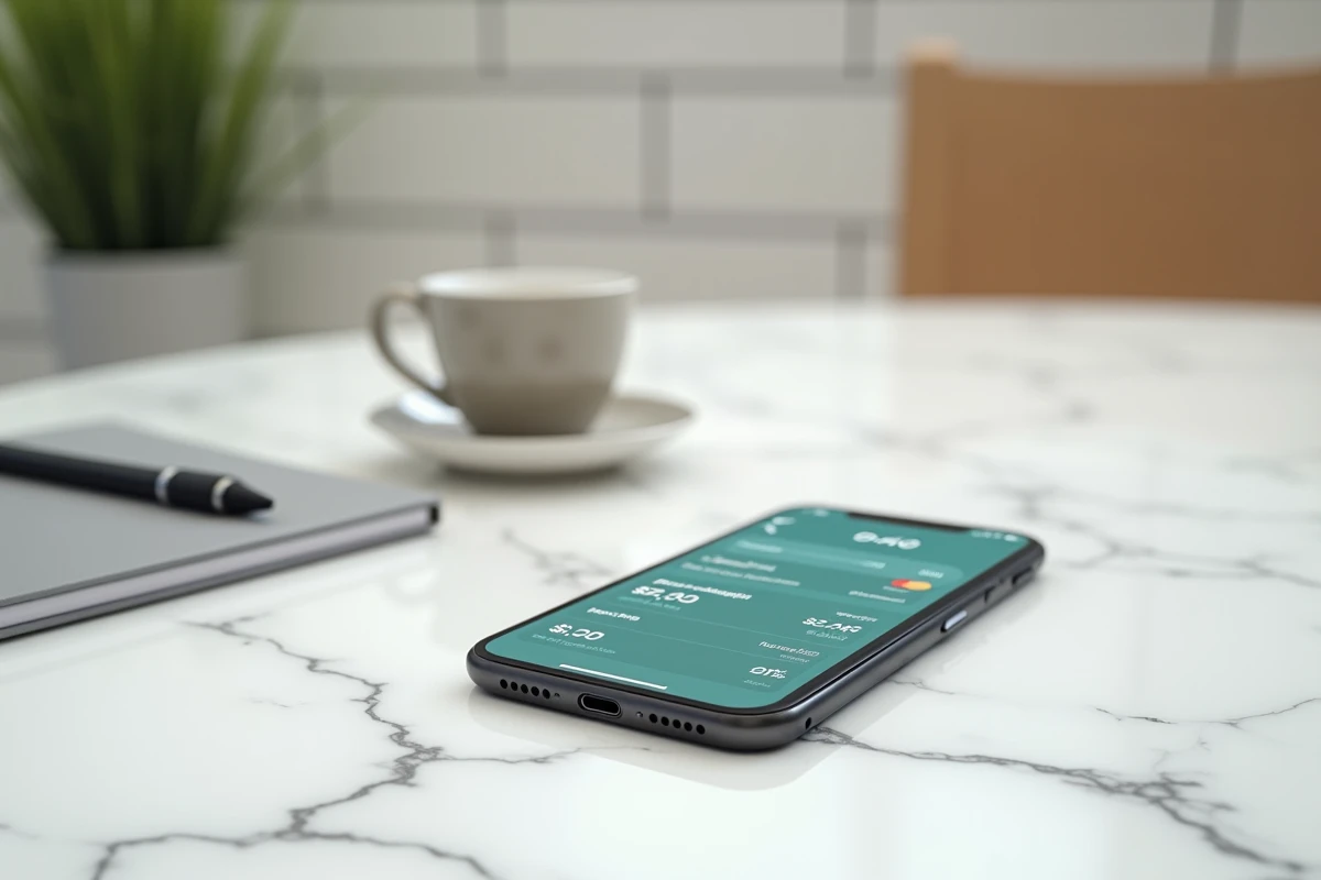 Application mobile Cyberplus Rives de Paris Banque Populaire affichée sur smartphone posé sur une table en marbre avec café