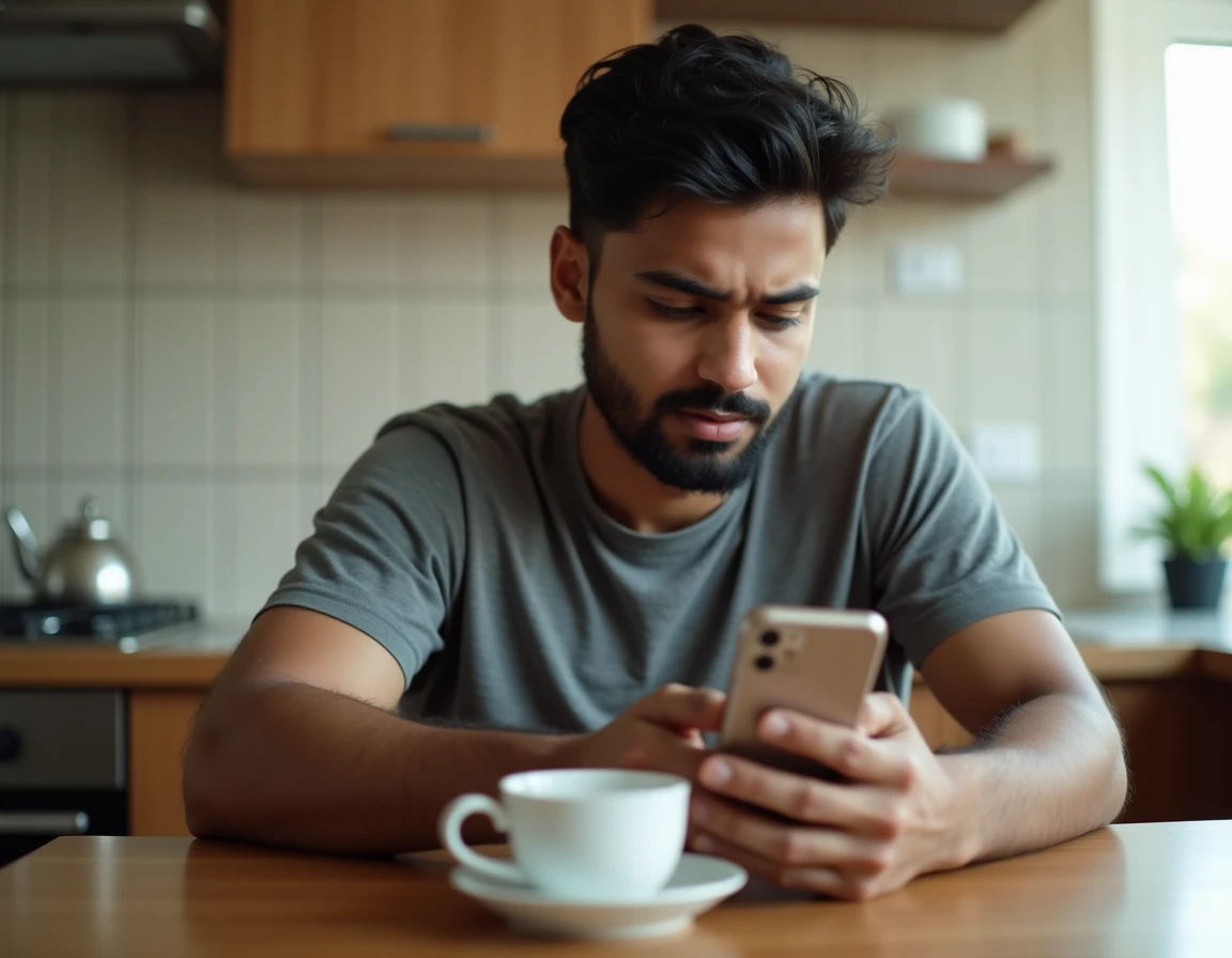 Jeune homme utilisant l'application Western Union sur smartphone pour envoyer de l'argent depuis chez lui