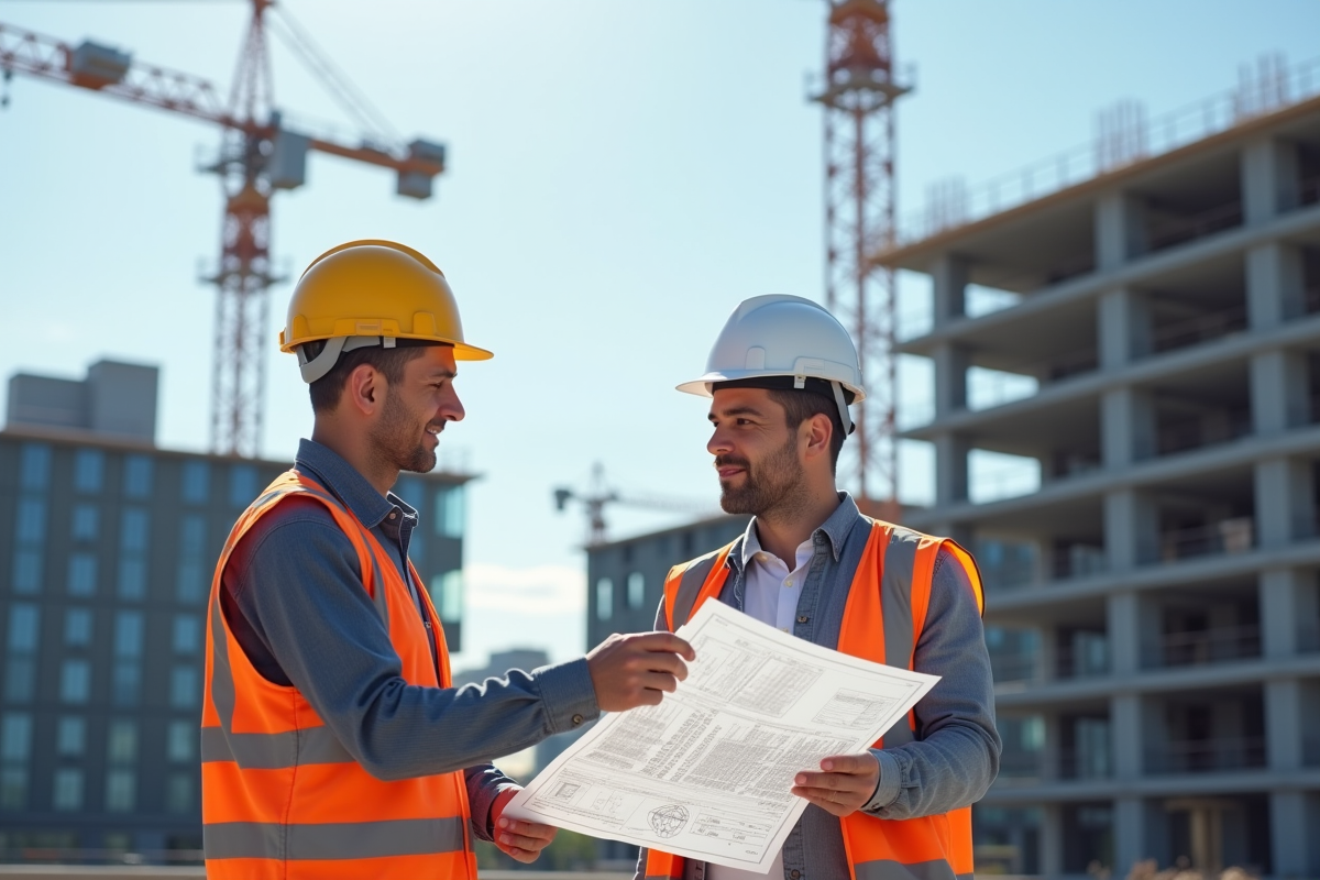 Architecte et ingénieur discutant plans sur un chantier moderne