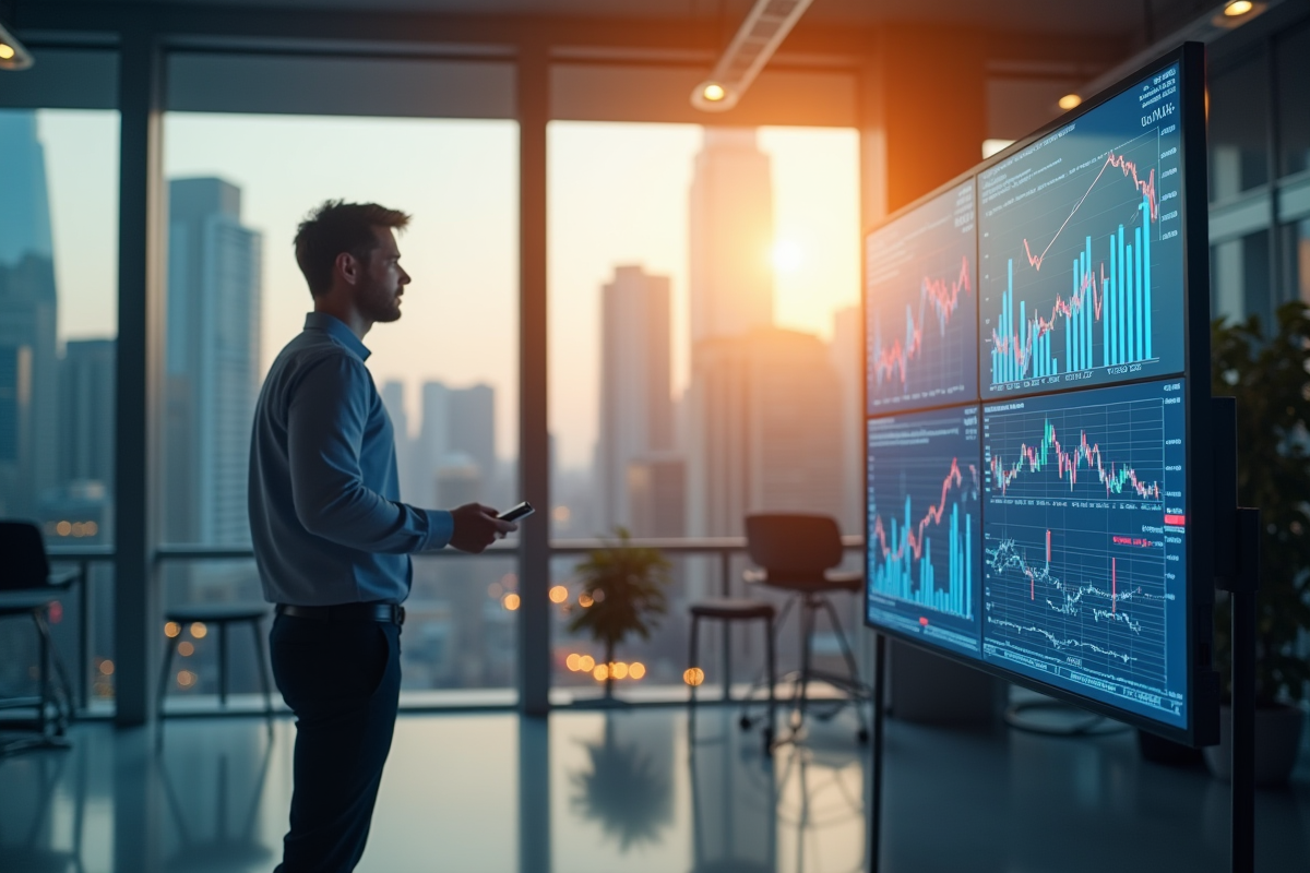 Banque innovante avec un analyste en bureau lumineux