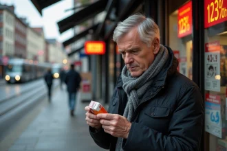 Homme belge examine cigarette devant magasin urbain