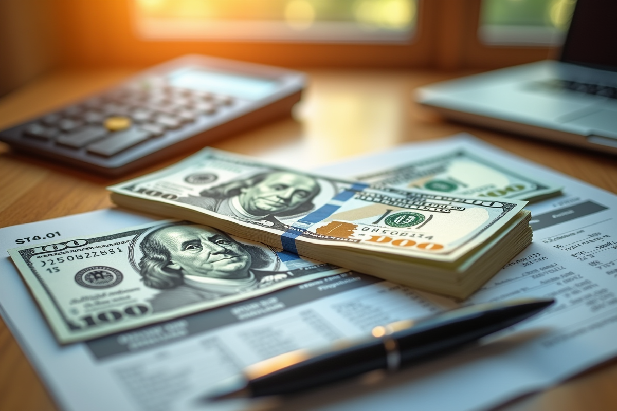 Foule de billets de cent dollars et relevés de dividendes sur une table en bois