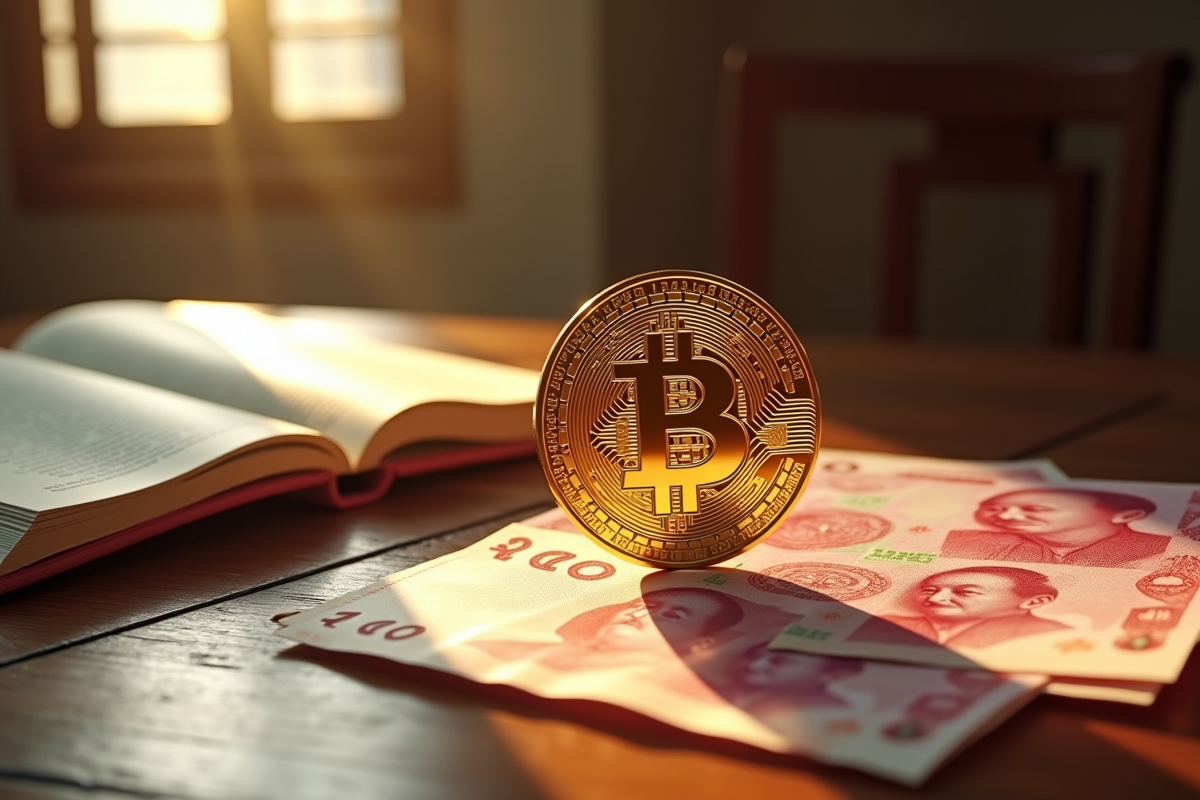 Bitcoin en or sur table chinoise avec yuan et livre ouvert