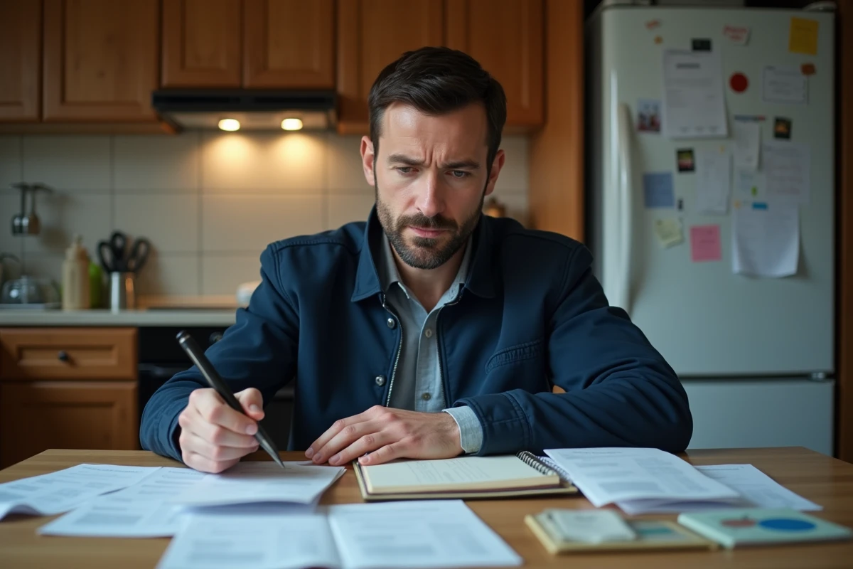 Père de famille nombreuse analysant des chèques différés Leclerc et son budget courses à la maison