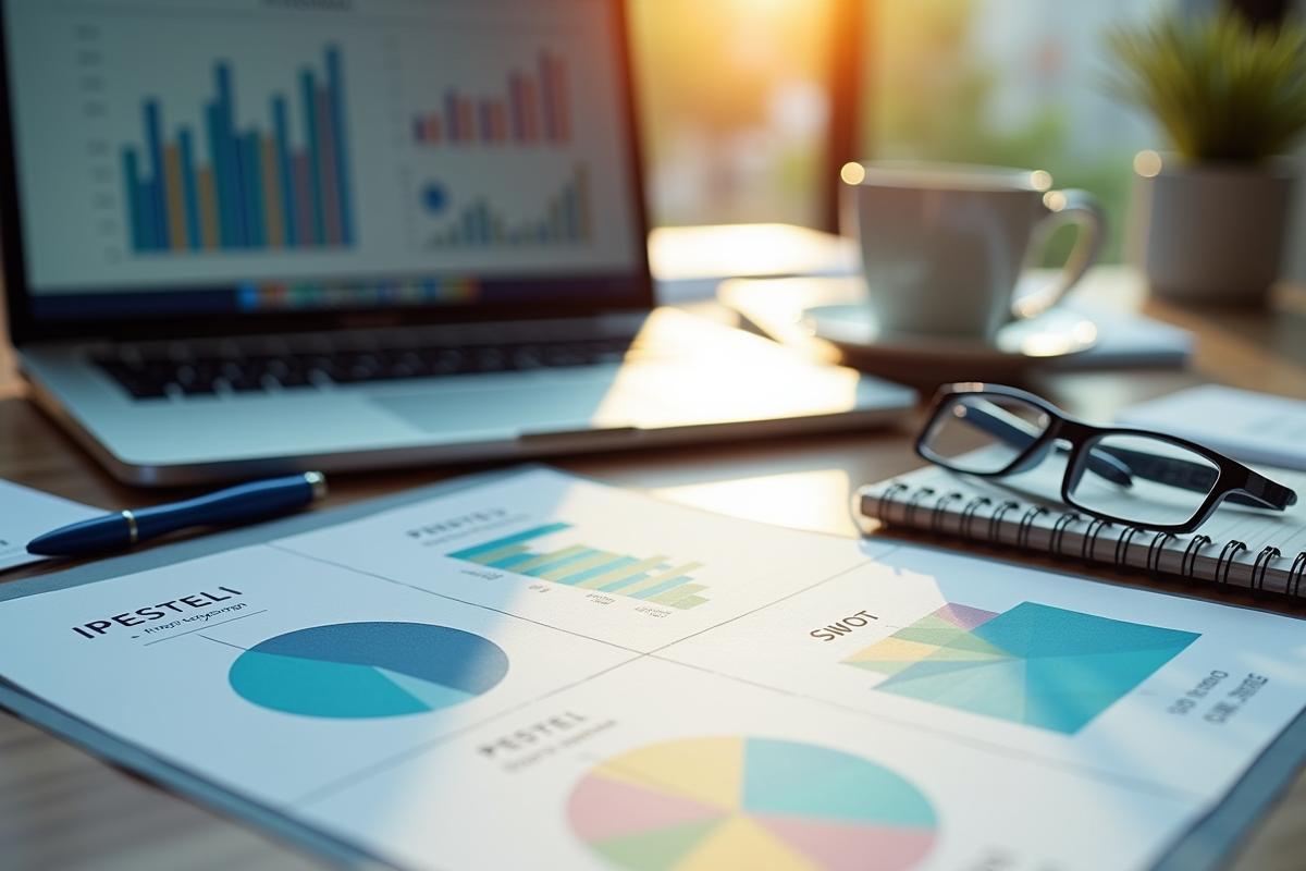 Espace de travail avec ordinateur et analyses stratégiques