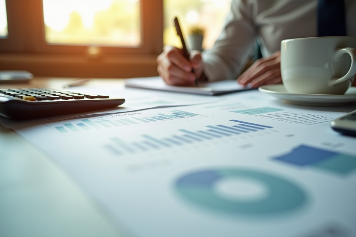 Bureau organisé avec documents financiers et calculatrice