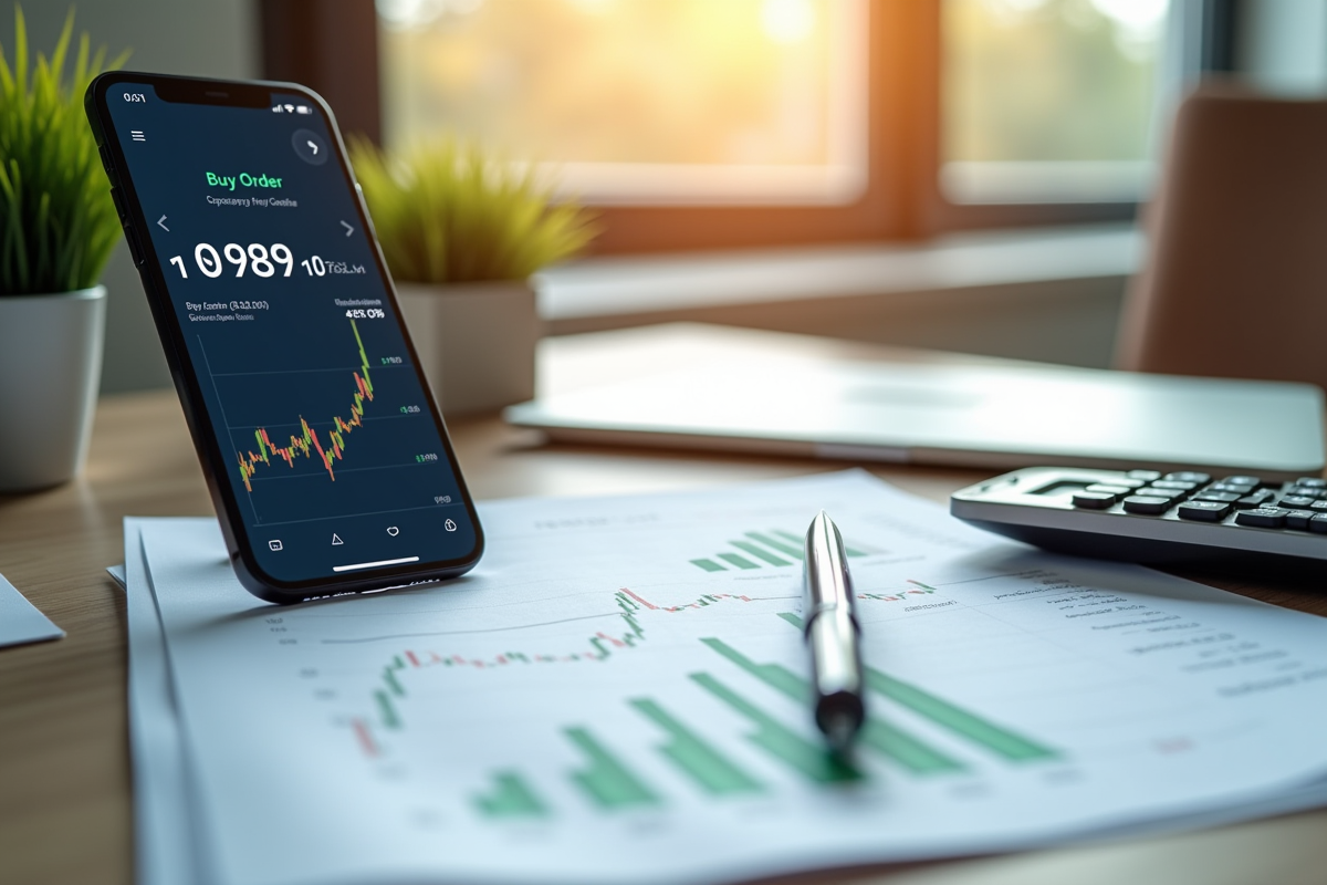 Bureau moderne avec documents financiers et application d investissement sur smartphone