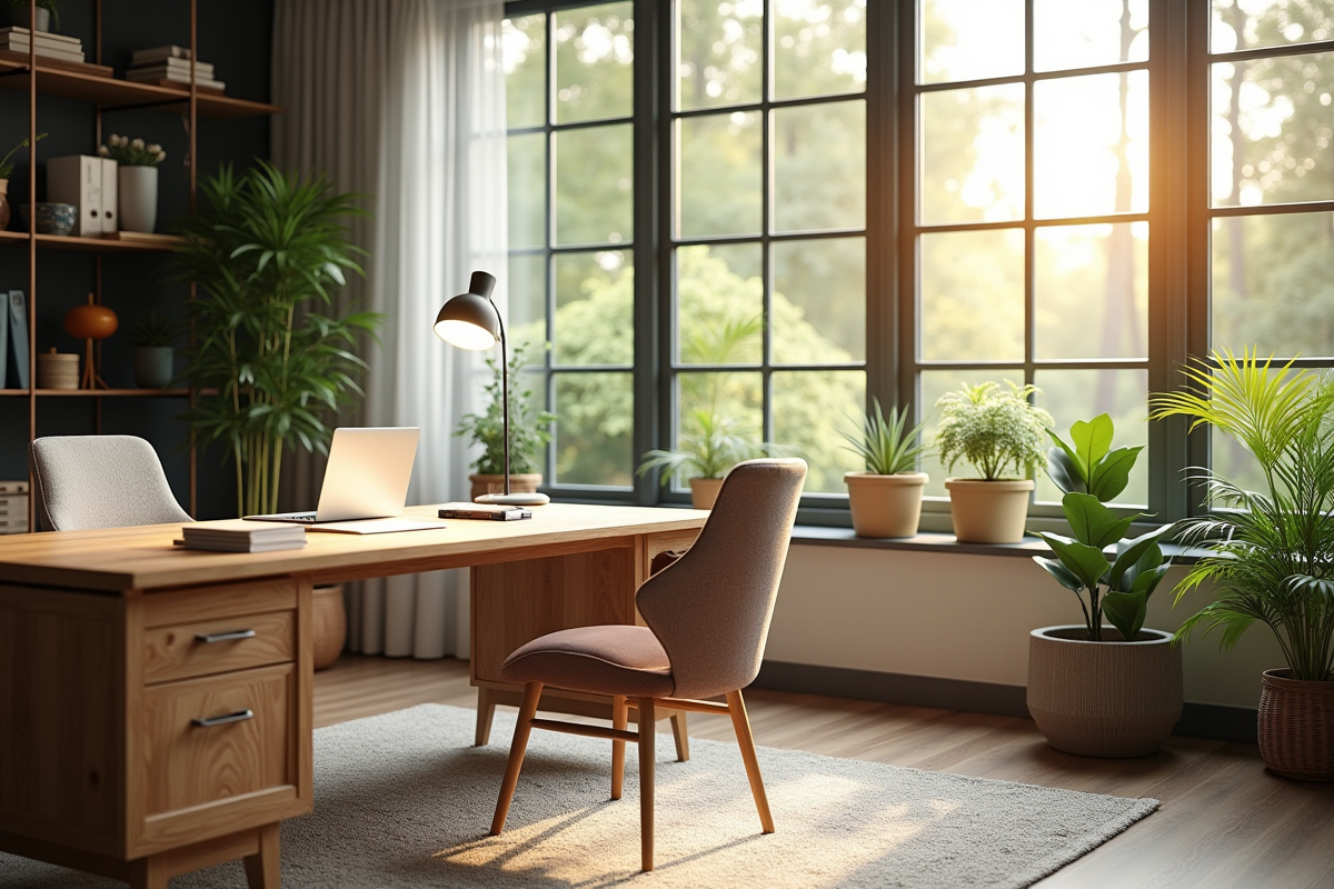 Bureau lumineux avec ordinateur et plantes pour confort retraite