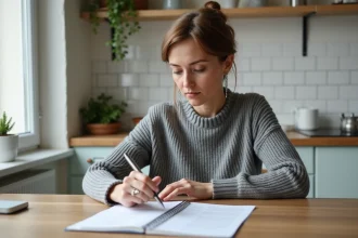 Femme consultant des documents CAF et un livret d'épargne à la table de sa cuisine