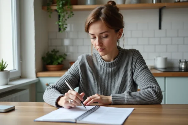 Femme consultant des documents CAF et un livret d'épargne à la table de sa cuisine