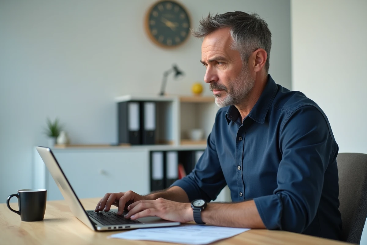Homme consultant un site administratif CAF sur ordinateur portable avec relevé bancaire sur le bureau