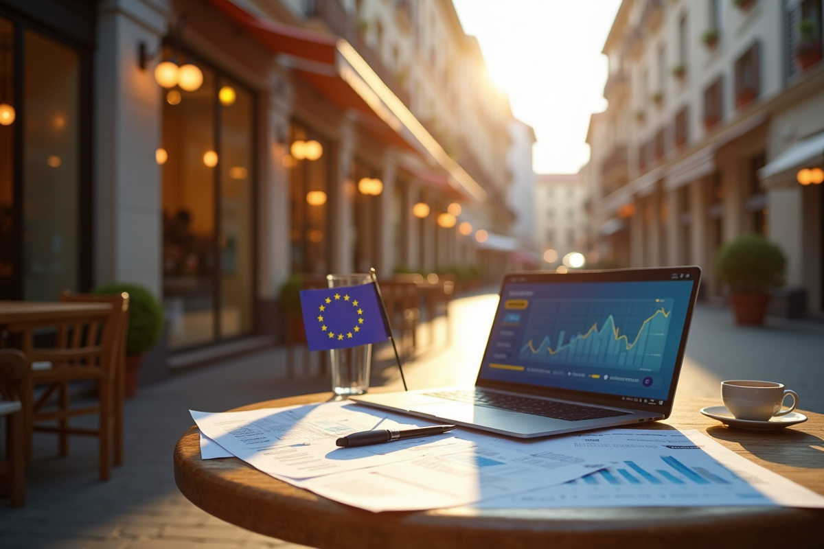 Café de rue en Europe avec papiers financiers et drapeau EU