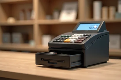 Caisse enregistreuse compacte et abordable posée sur un comptoir en bois dans une petite boutique