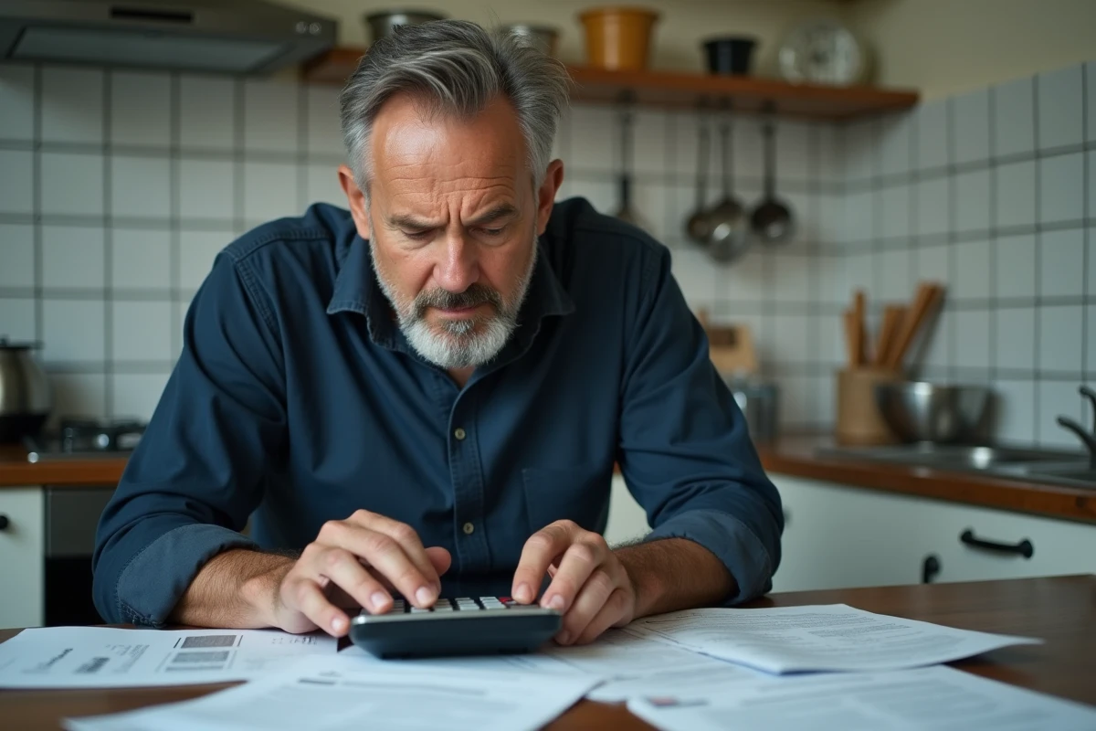 Homme calculant son salaire au SMIC avec une calculatrice dans une cuisine
