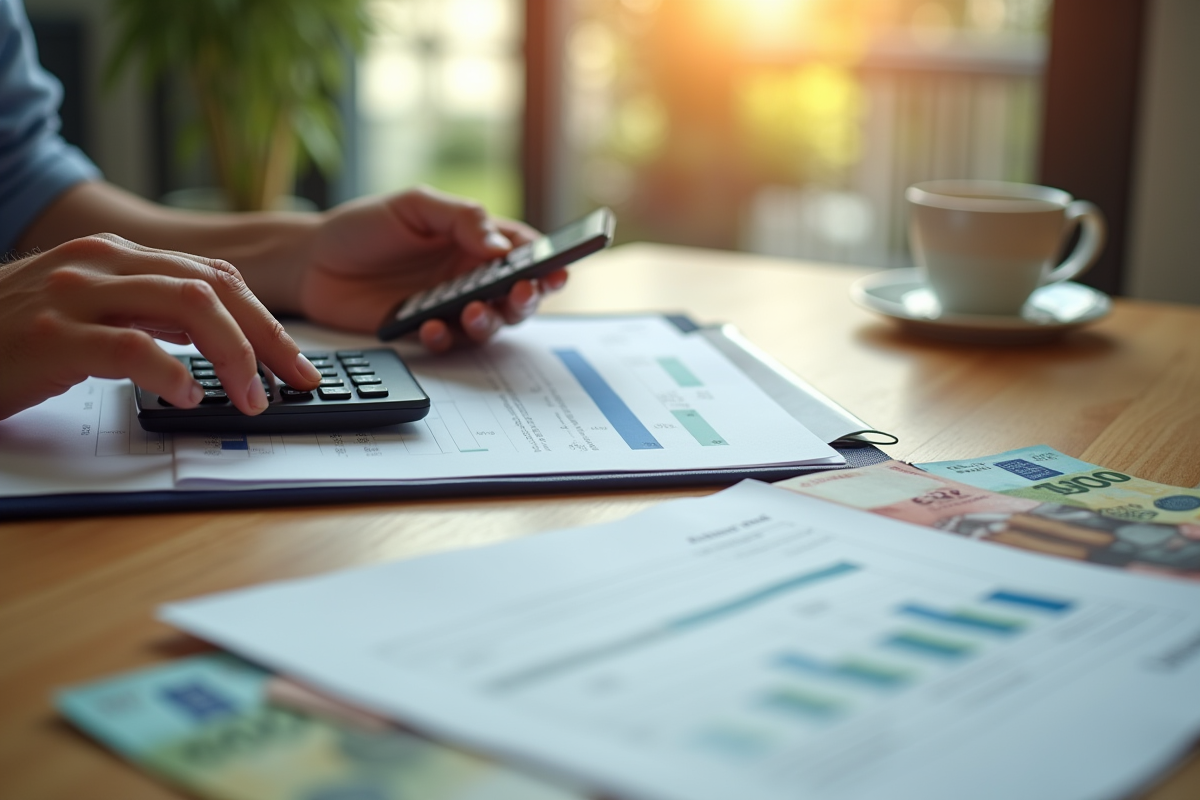 Mains tenant une calculatrice et un formulaire de pret dans un intérieur cosy
