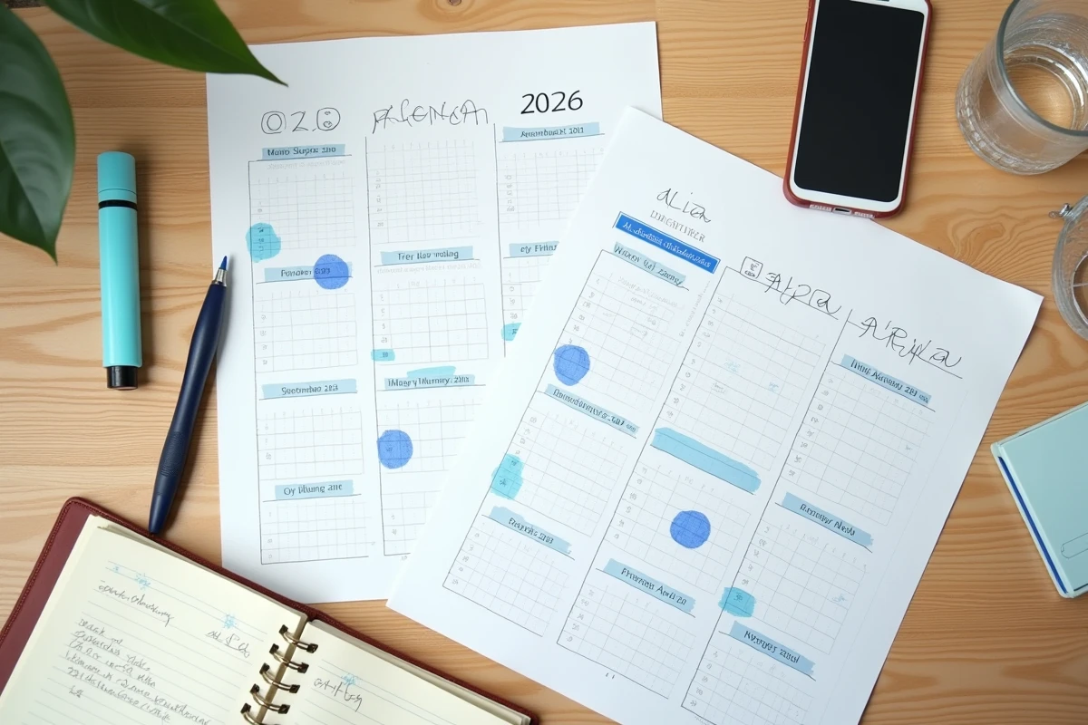 Vue aérienne d'un calendrier 2026 imprimé annoté avec des outils de gestion budgétaire pour anticiper les revenus d'invalidité