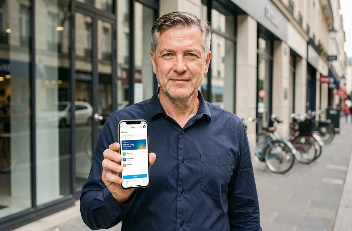 Homme consultant une application bancaire en ligne sur smartphone devant une agence pour changer son RIB France Travail