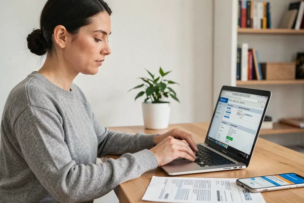 Femme changeant son RIB sur France Travail depuis un ordinateur portable avec documents bancaires sur un bureau en bois