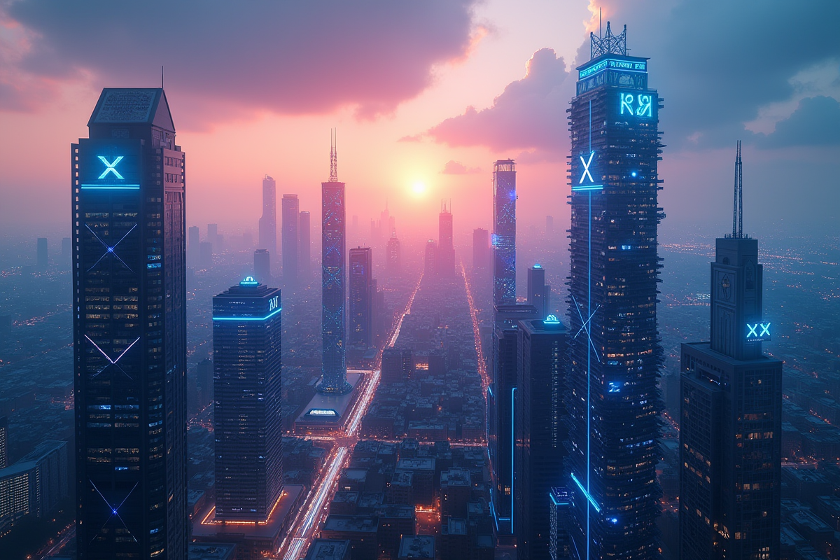 Cité futuriste au lever du soleil avec logos Chainlink intégrés