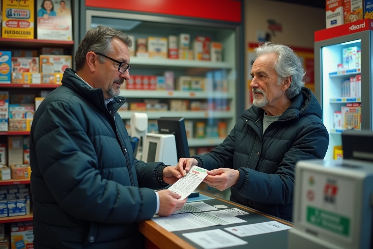 Client remettant un bulletin EuroMillions à un buraliste dans un tabac français avec terminal FDJ