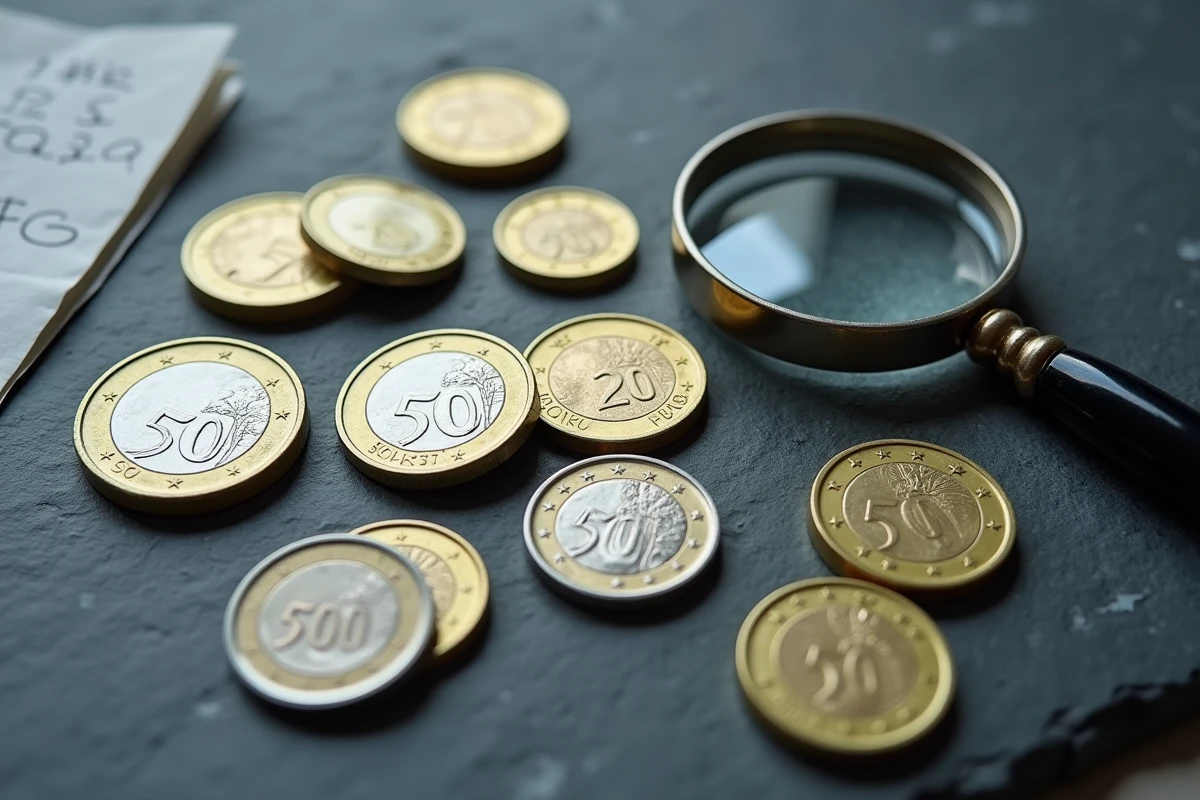 Collection de pièces de 50 centimes d'euro de différentes années disposées sur ardoise pour comparer les variantes rares