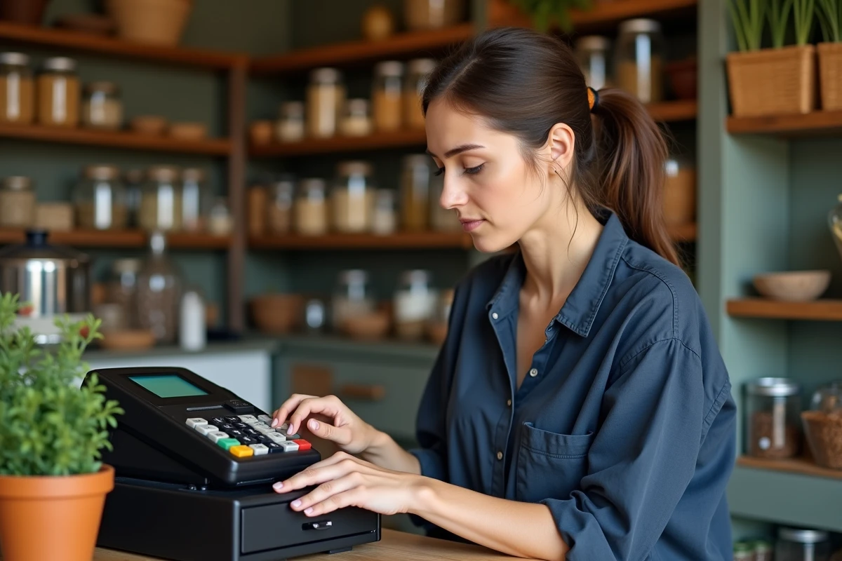 Commerçante évaluant une caisse enregistreuse pas chère dans une épicerie indépendante
