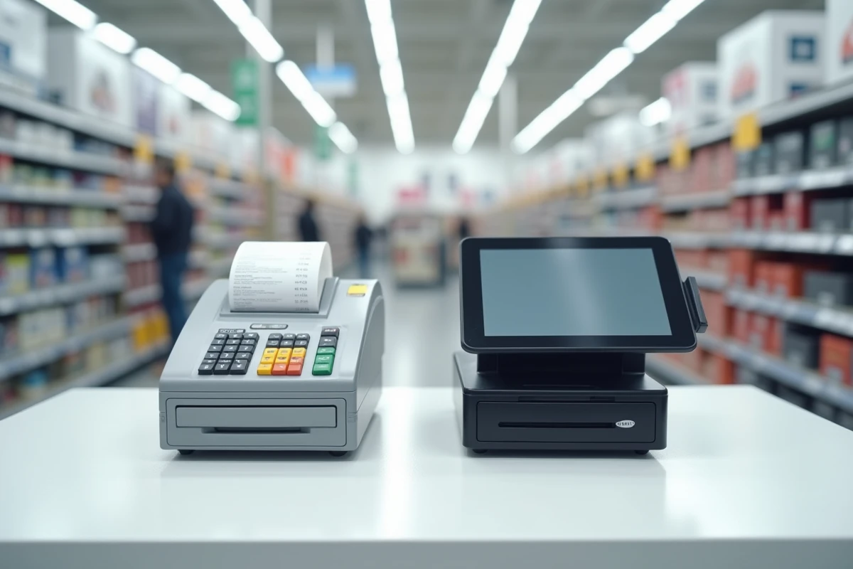 Comparaison de deux caisses enregistreuses abordables côte à côte dans un magasin de fournitures commerciales