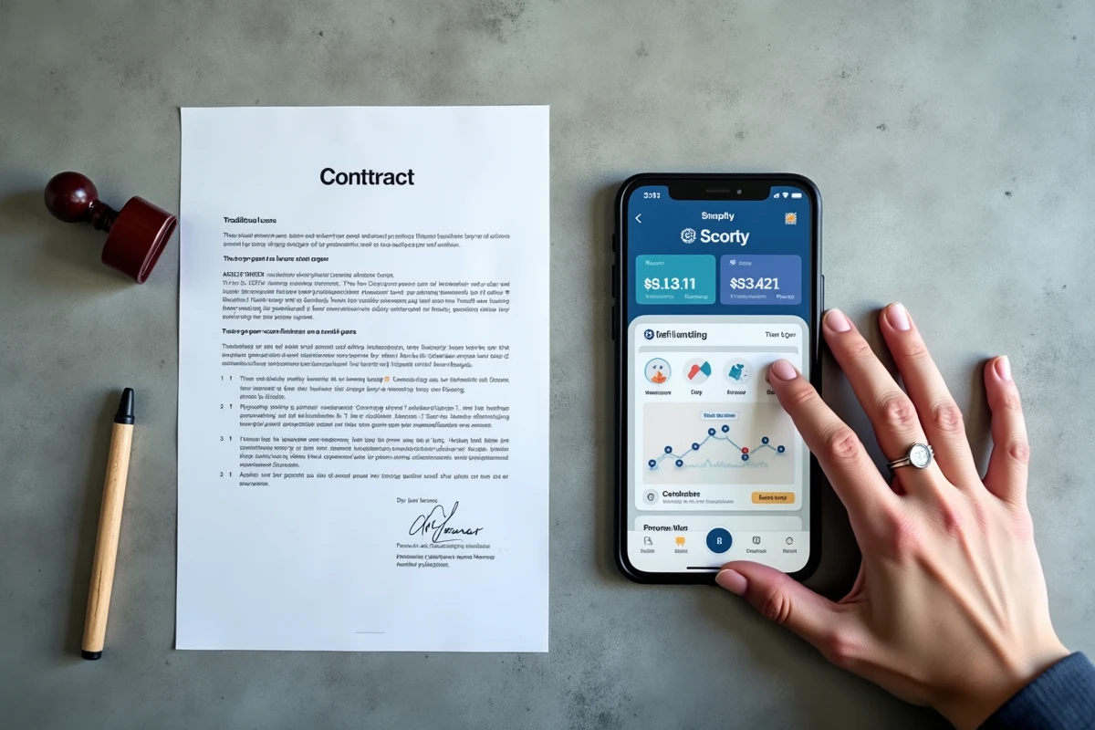 Comparaison visuelle entre un contrat de prêt bancaire traditionnel et une application de prêt en cryptomonnaie sur smartphone