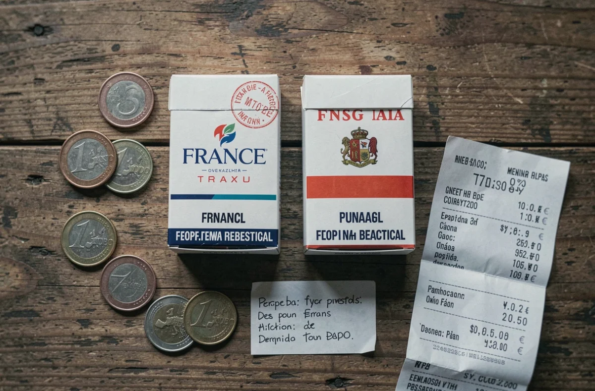 Comparaison de prix entre cigarettes françaises et espagnoles avec pièces euros et reçu sur table en bois