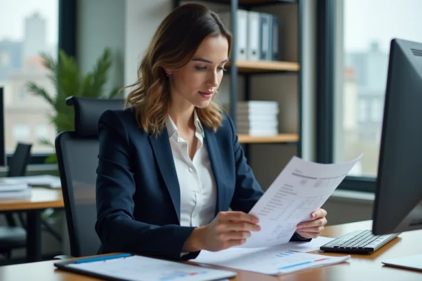 Comptable diplômée bac+5 analysant des documents financiers à son bureau dans un open space moderne