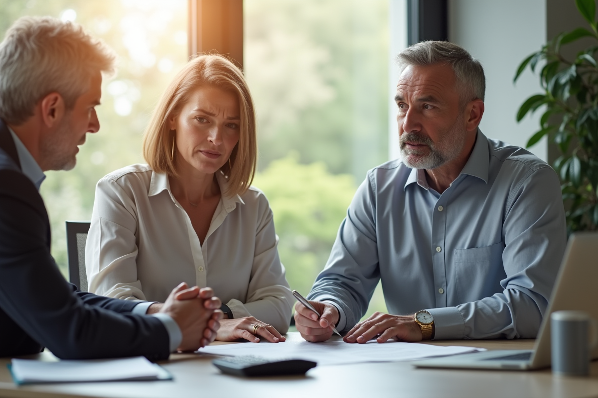 Couple de parents consultent un conseiller financier dans un bureau lumineux