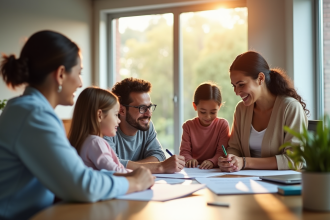 Conseiller assurance discutant avec famille dans un bureau lumineux
