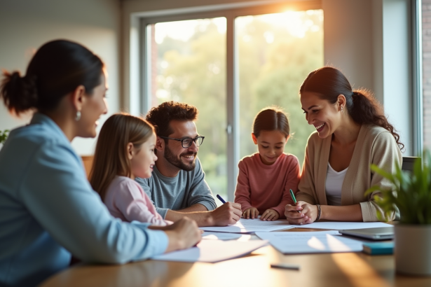 Conseiller assurance discutant avec famille dans un bureau lumineux