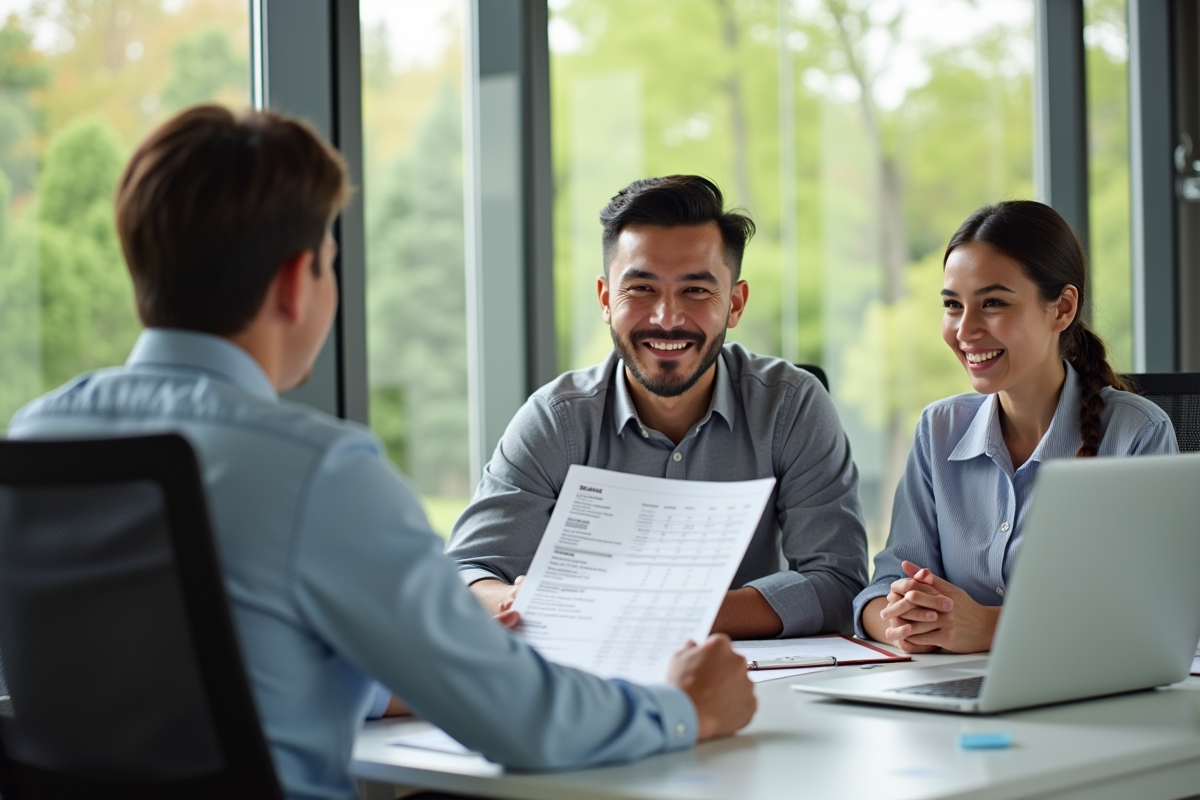Conseiller bancaire souriant avec couple et documents financiers