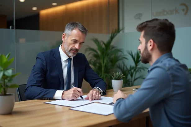 Conseiller bancaire et client examinant un contrat de prêt classique dans une agence bancaire moderne