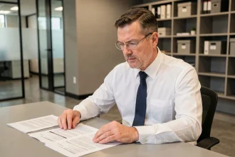 Conseiller financier analysant des dossiers de rachat de crédit sur un bureau en open space bancaire