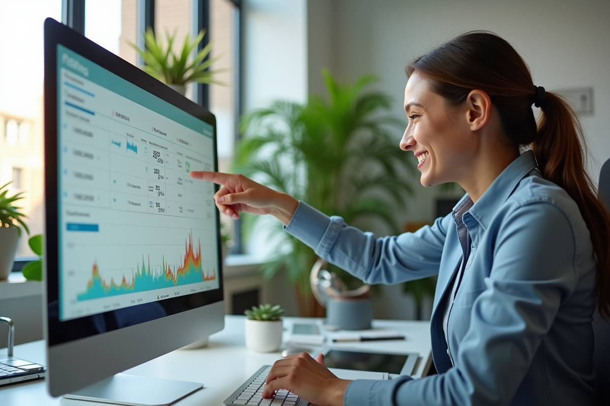 Conseiller financier souriant pointant un graphique sur un écran d