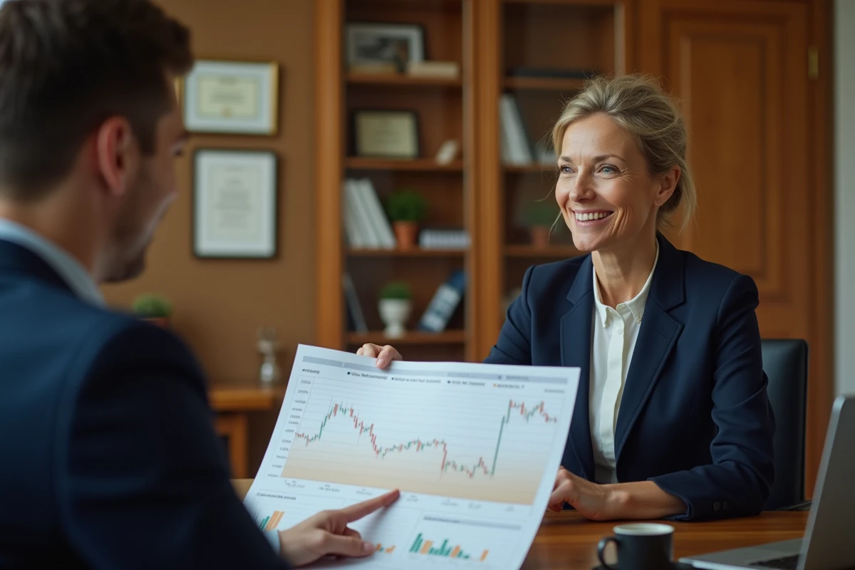 Conseillère financière expliquant le calcul du prix de l'or au gramme à un client dans un bureau professionnel