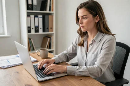 Femme rédigeant un email de contact à Cetelem depuis son bureau à domicile, entourée de documents financiers
