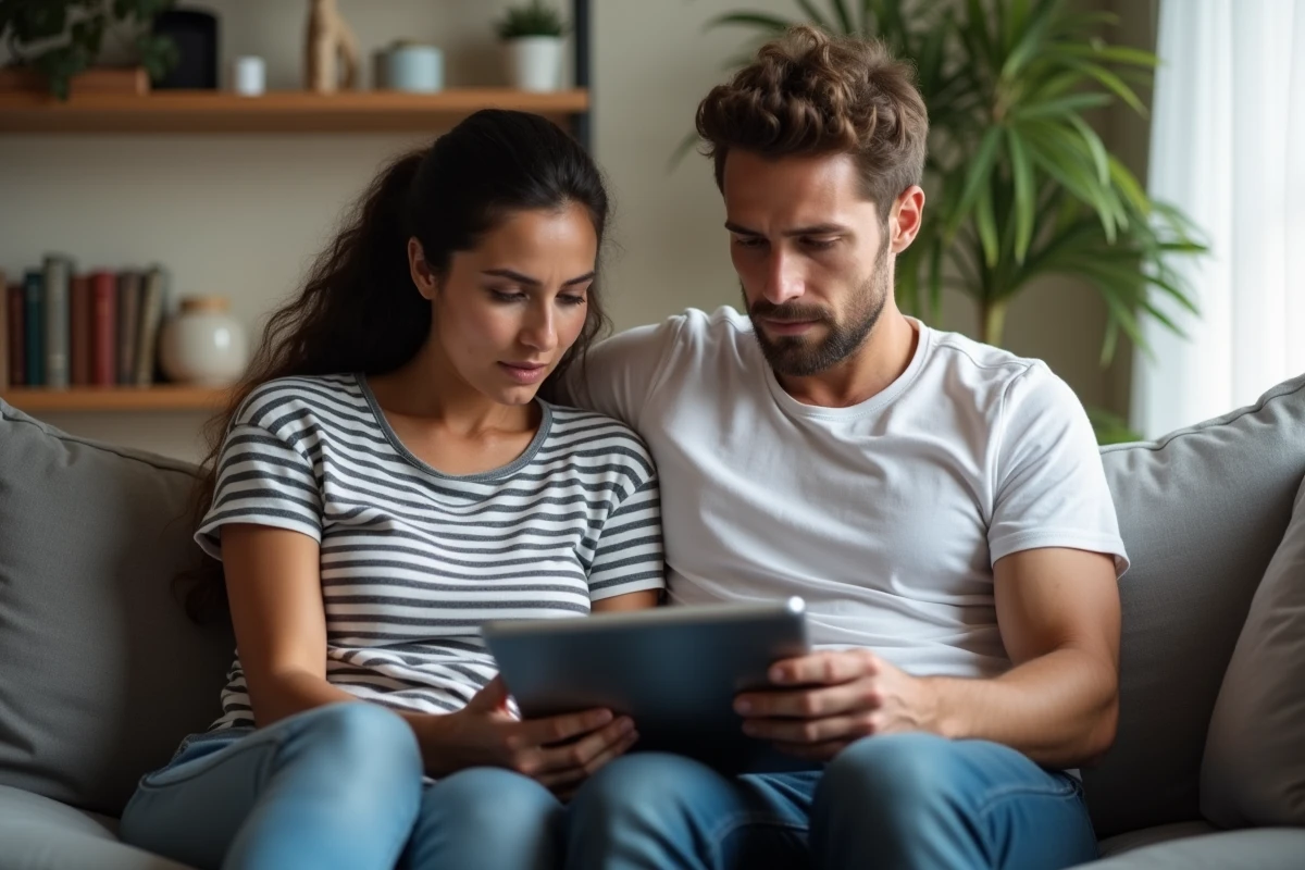 Couple calculant le montant de la prime d'activité sur une tablette à domicile